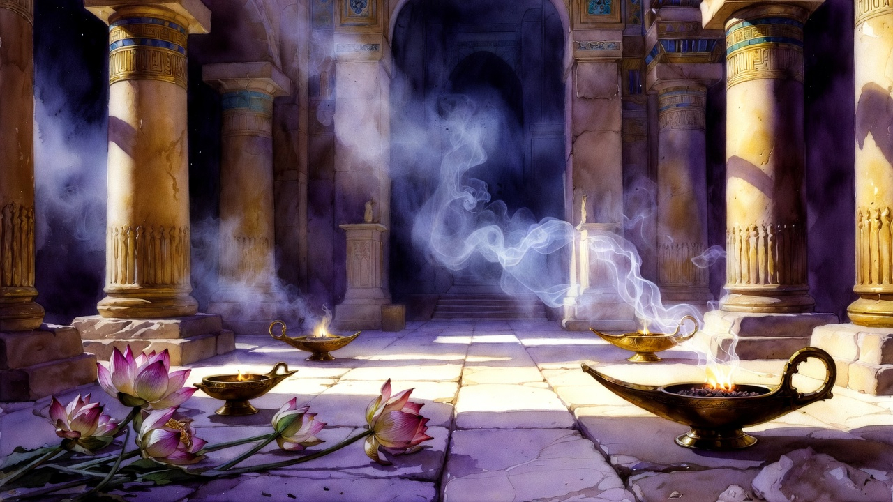 A dimly lit chamber with fading oil lamps, wilted lotus, myrrh smoke, and a presence forming at the threshold between life and death