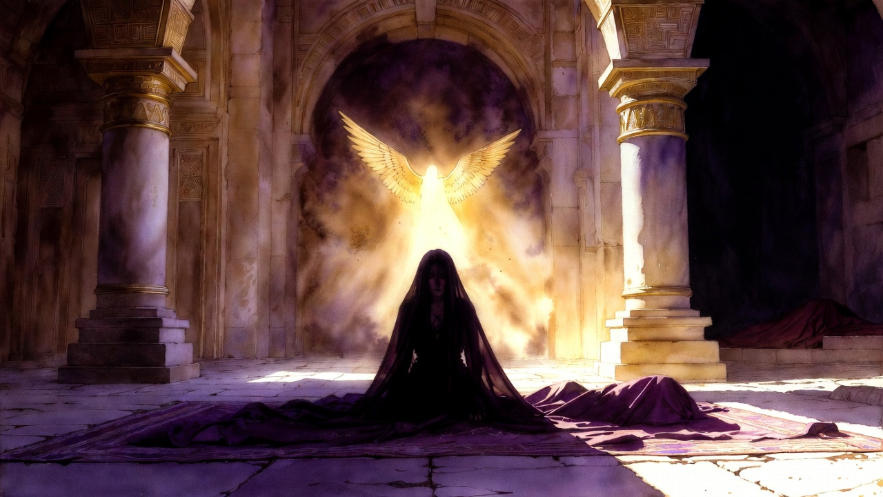 A dim ancient chamber where soft golden light is subtly disrupted, creating a quiet tension between order and distortion, with particles in the air unsettled