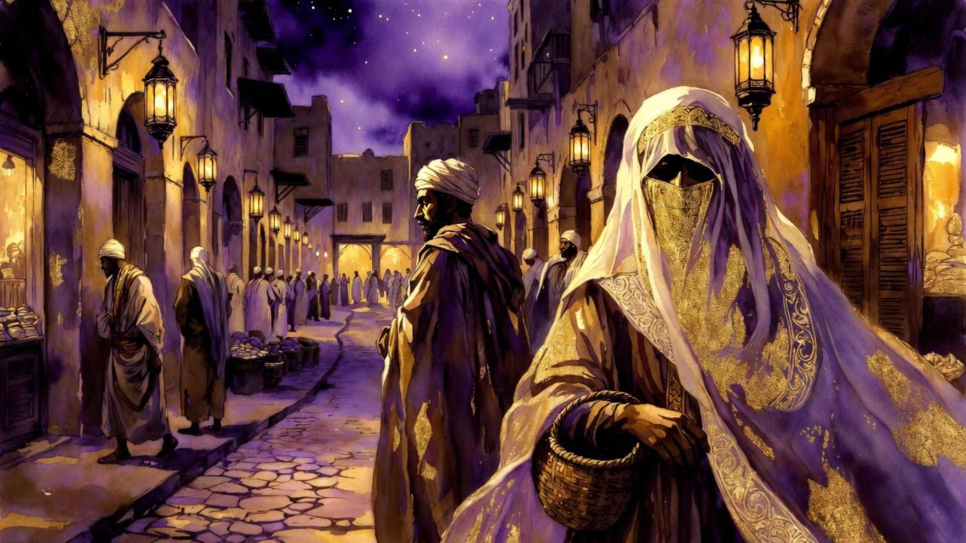 A traveller passing a veiled figure in the old souks