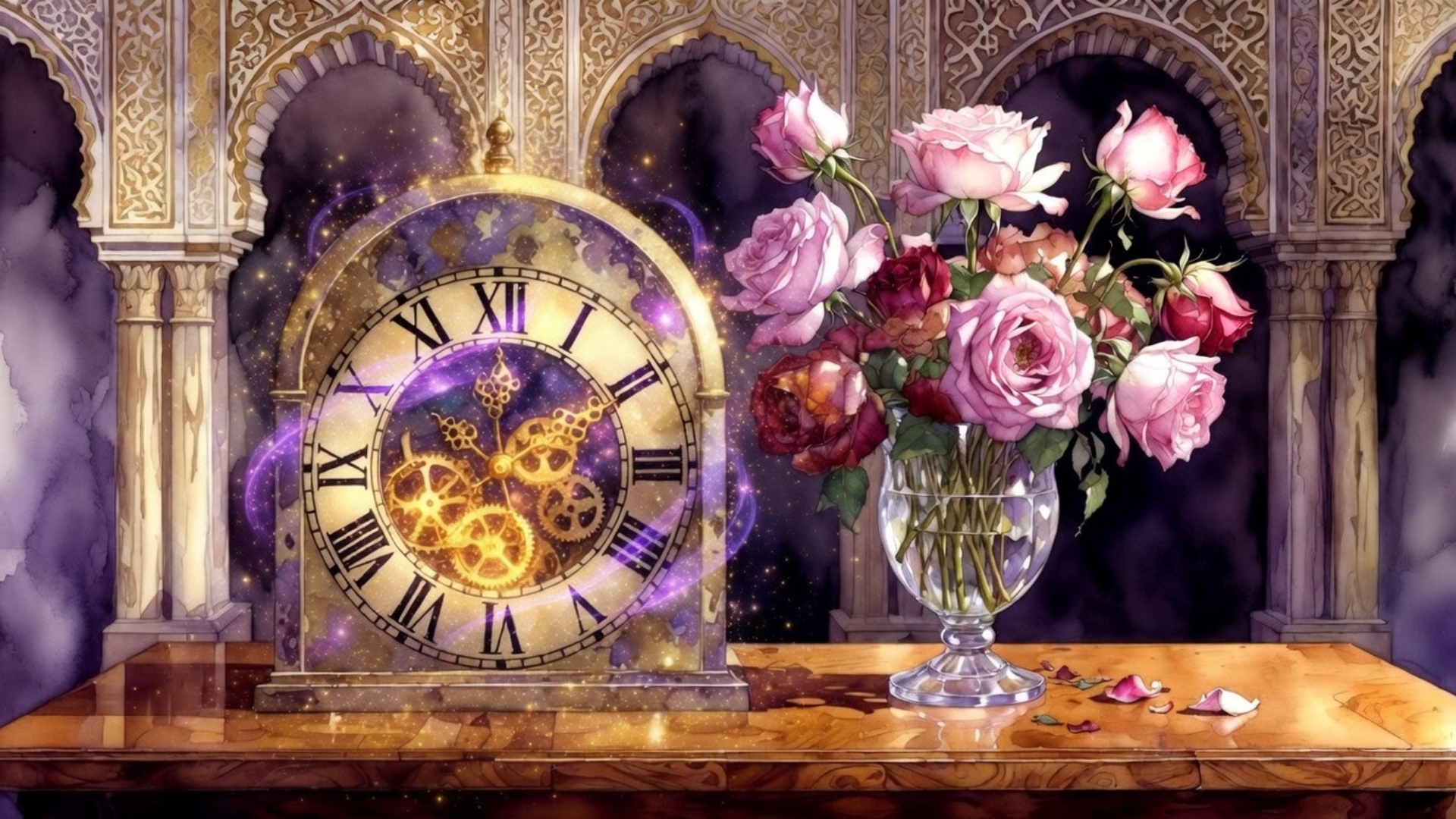 An ancient clock beside roses within an Arabian palace, marking the hour of passage