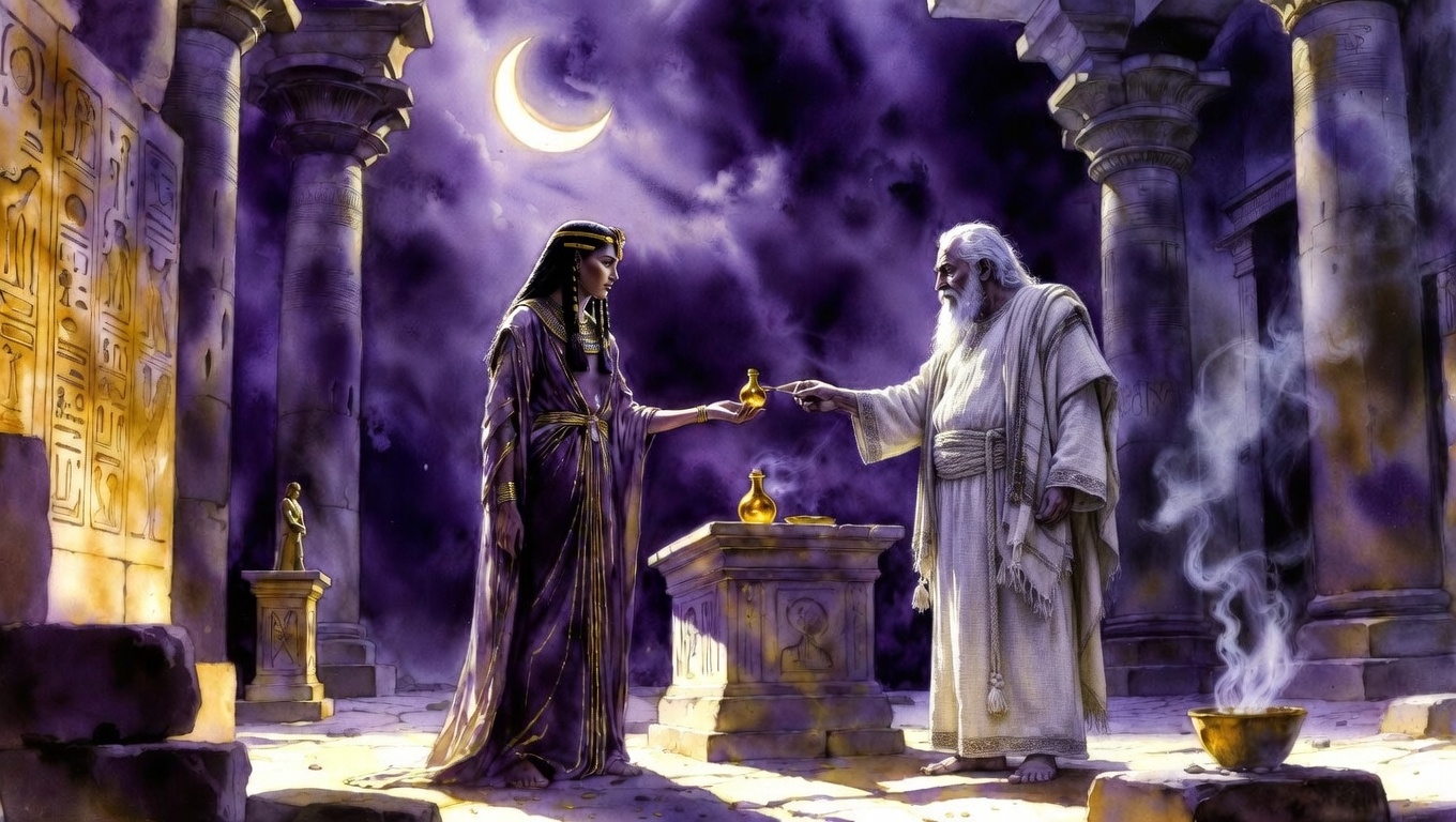 Cleopatra within the inner sanctum of the Temple of Khonsu entrusting a golden elixir vial into the hand of Malachi beneath the crescent moon