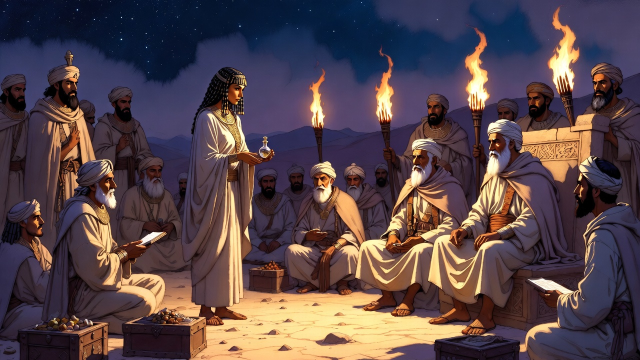 Cleopatra presenting an elixir vial to tribal elders under torchlight in an open desert gathering near ancient Arachosia