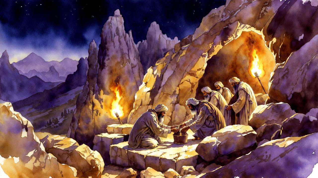 Ancient figures placing a sealed wooden vessel into a mountain chamber at night, surrounded by rocky terrain and torchlight