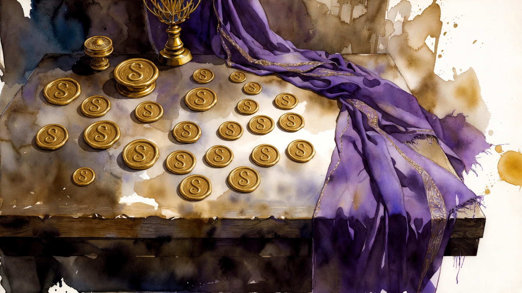 Gold seals arranged on an artisan’s table beside purple silk