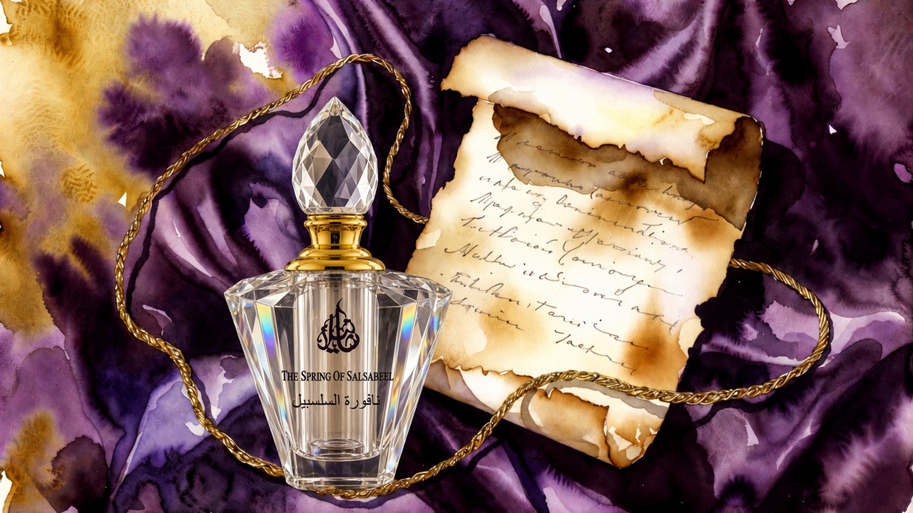 A crystal perfume flacon beside parchment and gold cord upon purple silk