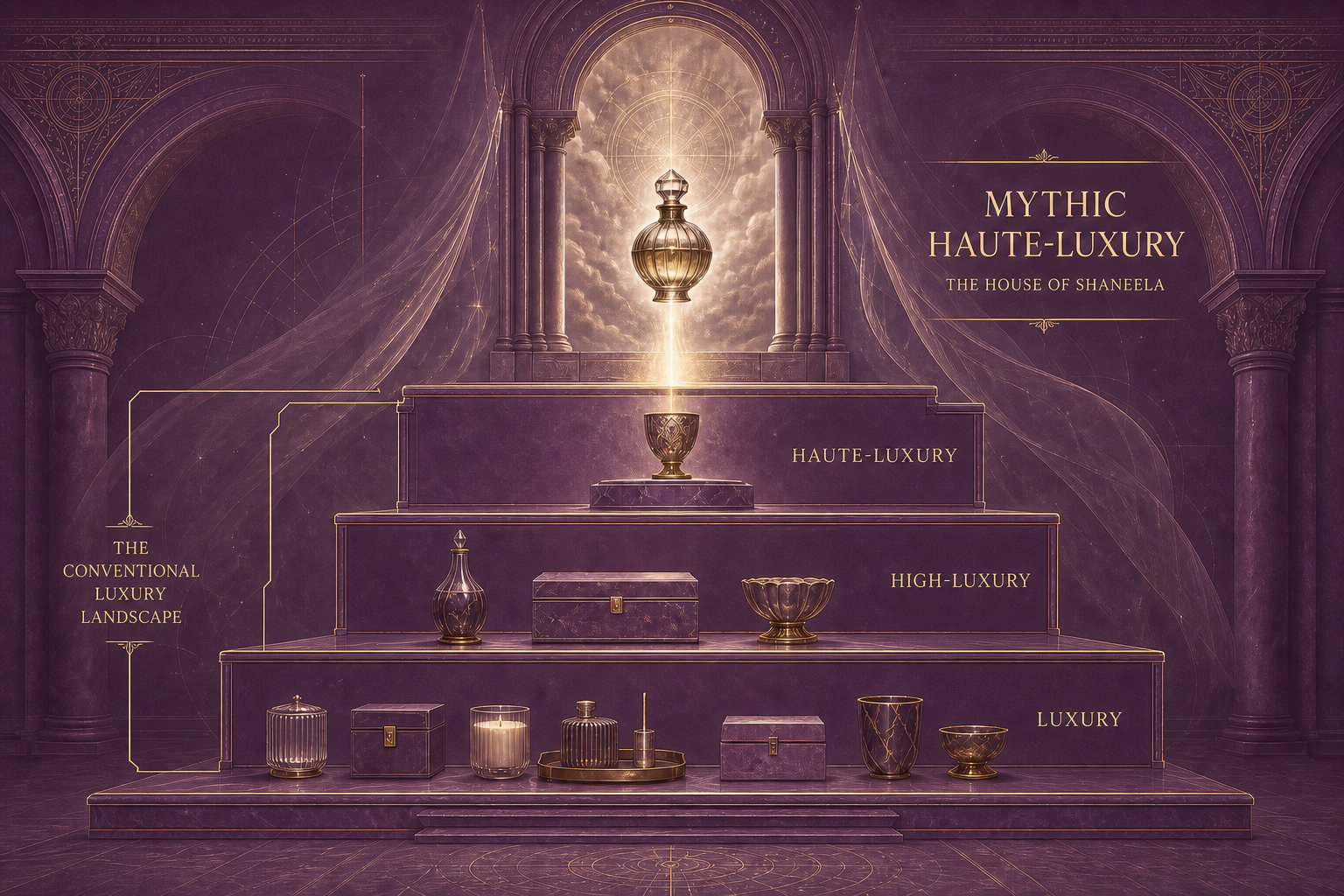 Four ascending degrees of luxury: Luxury, High-Luxury and Haute-Luxury form the conventional luxury landscape. Above them, The House of Shaneela occupies Mythic Haute-Luxury, where an artefact emerges from a mythological Realm.